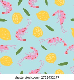 Camarão e limão padrão sem costura no fundo azul claro. Design de frutos do mar mediterrâneo desenhado à mão em estilo imperfeito ingênuo com frutas cítricas e folhas verdes