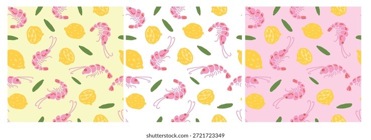 Camarones y limón sin patrón establecido en el estilo de mariscos mediterráneos dibujado a mano. Ideal para la decoración de la cocina, papel de embalaje o estampados textiles de verano.