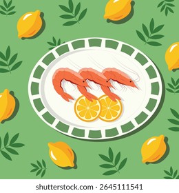 Fatias de camarão e limão na ilustração decorativa da placa. A posição plana de camarões e citrinos no fundo verde. Frutos do mar mediterrânicos com design de vetor de camarão e limões
