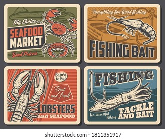 Shrimp, lobster and cuttlefish seafood vector retro posters. Fishing, fisherman equipment tackles, fish hooks and bait. Sport competition outdoor activity, restaurant production, underwater animals