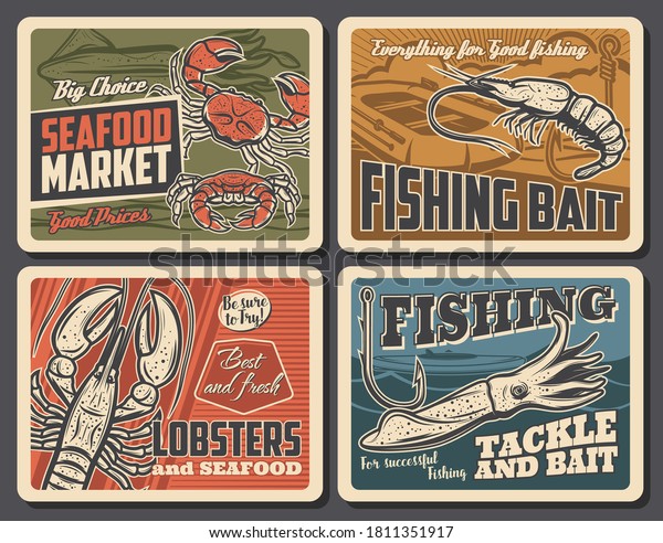 Shrimp, lobster and cuttlefish seafood vector\
retro posters. Fishing, fisherman equipment tackles, fish hooks and\
bait. Sport competition outdoor activity, restaurant production,\
underwater animals