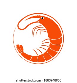 Shrimp logo in flat style, fresh sea food. Isolated on white background. Vector illustration.