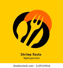 shrimp logo gestalt template. Abstract plate with fork, spoon, and knife in flat fun style logo. Can use for cafe and restaurant seafood