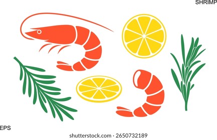 Logo do camarão. Camarão isolado sobre fundo branco. Marisco. Ramo Rosemary. Logotipo do limão