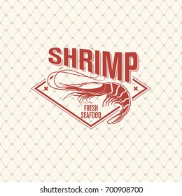 Shrimp logo on seamless pattern with fishing net, vector illustration