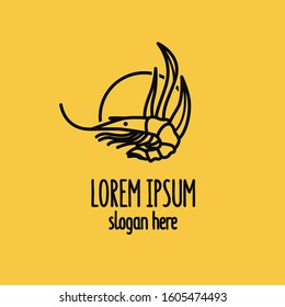 Shrimp logo on a yellow background. Seafood logo. Seafood shop. Restaurant logo.