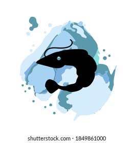 Shrimp logo. Promotional sea food sticker, website banner in blue and black colors, trendy watercolor abstract background and silhouette, discount product emblem, marketing badge, vector poster