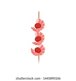 Shrimp meat with berries on a skewer. Vector illustration on white background.