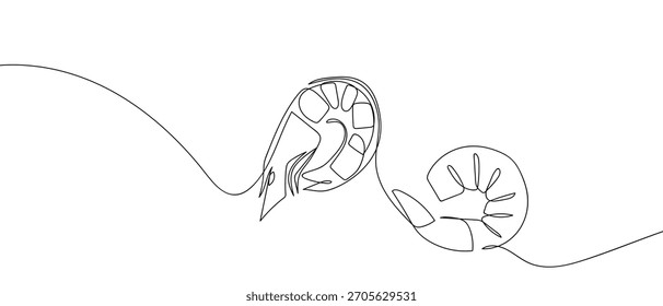 Camarão e carne de camarão em uma linha contínua ilustração vetor de uma linha.