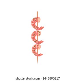 Shrimp meat with a tail on a skewer. Vector illustration on white background.