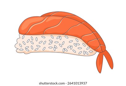 Shrimp nigiri sushi 2D cartoon object. Japanese food. Vinegared rice with raw seafood. Asian cuisine gourmet. Authentic appetizer isolated element flat vector clip art on white. Spot illustration