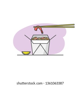 Shrimp noodles in a takeout box. Asian, Thai, Chinese, Vietnamese food. Isolated on white background.  