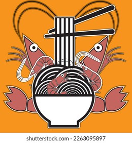 Shrimp noodles, vector image. Logo, postcard. Background orange