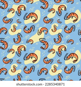 Garnelen auf blauem Hintergrund mit abstrakten Punkten. Seafood-Muster nahtlos. Design für Druck, für Hintergründe. Illustration.