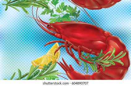 Shrimp on a blue transparent background. Vector illustration