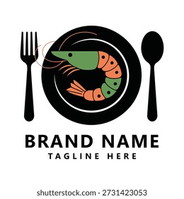 Shrimp on plate with fork and spoon seafood restaurant logo template icon
