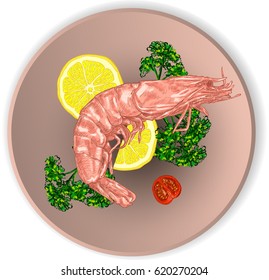 shrimp on a plate with lemon, tomatoes and herbs