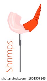Shrimp on a skewer. Red cooked shrimp on a skewer-fork. Delicious treat. Seafood. Vector illustration isolated on a white background for design and web.