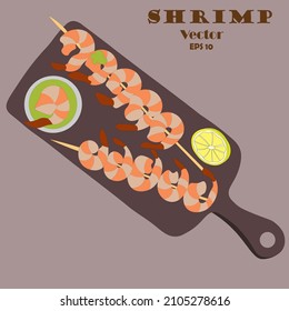 shrimp on skewers. Grilled shrimp kebab lies on wooden board, with lemon, parsley and wasabi sauce. Seafood canapes impaled on cocktail stick. Seafood, shellfish. Vector illustration. Delicious grille