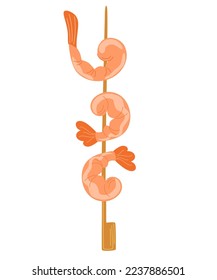 Shrimp on a stick. Asian fast food. Perfect for restaurant cafe and print menus. Vector hand draw cartoon illustration. 