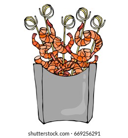 Shrimp on Wood Stick, Prawn Kebab, Seafood BBQ, Canapes in Paper Box. Sea Fast Food in Package. Vector Illustration Isolated On a White Background. Savoyar Doodle Style.