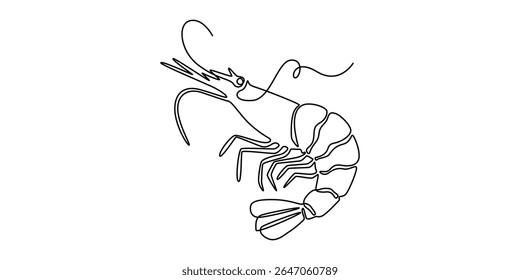 Shrimp in one line drawing. Sea food illustration, Continuous Line Drawing of Sea Food Icon. Hand Drawn Symbol Vector Illustration, One continuous line drawing of fresh shrimp for seafood logo
