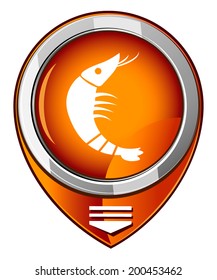 Shrimp. Orange map pointer. Vector illustration.