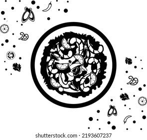 Shrimp Paella Concept, Spanish rice dish Icon, National Dish of Spain Sign,Traditional cuisine Symbol on white background, Gourmet food cooking and restaurant menu item