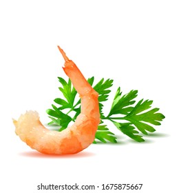 Shrimp with parsley low poly. Fresh, nutritious, tasty prawn. Seafood delicacies. Shrimp with parsley in triangulation technique.