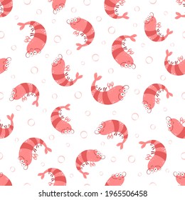 shrimp pattern, seamless background with funny seafood, characters in simple cartoon scandinavian style, vector illustration