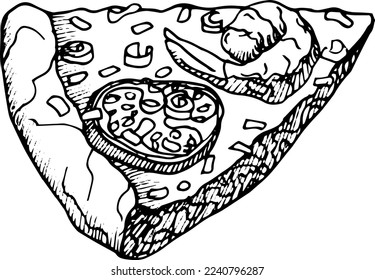 Rebanada de pizza de camarón, dibujo de mano vectorial aislado de fondo. Pizza con marisco