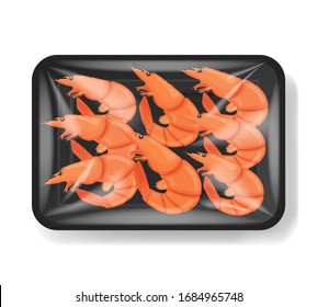 Shrimp in plastic tray container with cellophane cover. Tiger prawn. Mockup template for your design. Plastic food container. Vector illustration.