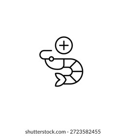 Camarones más. Agregando proteína de mariscos, Mejorar de platos. Icono de Vector de trazo perfecto y editable
