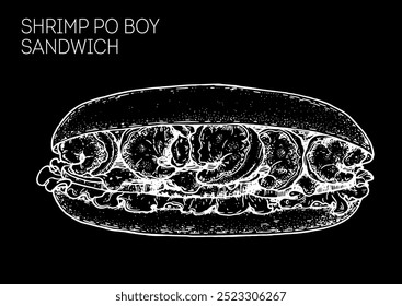 Shrimp po boy sandwich sketch. Hand drawn vector illustration. not AI	