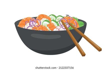 Shrimp poke bowl illustration Hawaiian cuisine. Vector stock illustration isolated on white background for menu fast food restaurant with healthy, bio, organic meals. EPS10