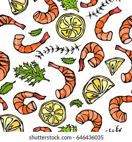 Shrimp or Prawn, Herbs and Lemon Isolated On a White Background Doodle Cartoon Vintage Hand Drawn Sketch Vector Illustration. Seafood Seamless Pattern.