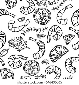 Shrimp or Prawn, Herbs and Lime Isolated On a White Background . Hand Drawn Sketch Vector Illustration. Seafood Seamless Pattern.Savoyar Doodle Style.