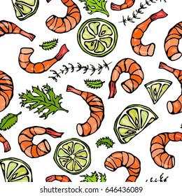 Shrimp or Prawn, Herbs and Lime Isolated On a White Background Doodle Cartoon Vintage Hand Drawn Sketch Vector Illustration. Seafood Seamless Pattern.