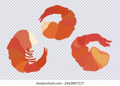 Shrimp prawn icons set. Boiled Shrimp drawing in flat style isolated on transparent. Shrimp meat. Seafood for restaurant, sushi bar menu, poster. Healthy and tasty food ideas. Vector illustration