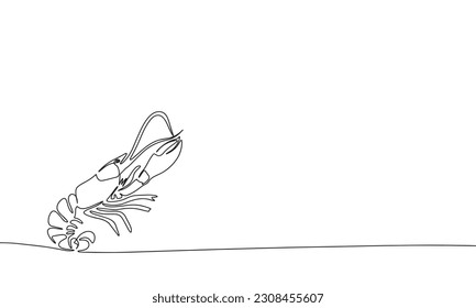 Shrimp or prawn isolated on white background. One line continuous ocean sea life art. Line art, outline, vector illustraiton.