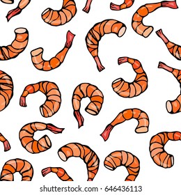 Shrimp or Prawn. Isolated On a White Background Doodle Cartoon Vintage Hand Drawn Sketch Vector Illustration. Seafood Seamless Pattern.