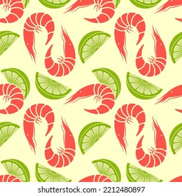 Shrimp or Prawn and Lime slices seamless pattern. Vector illustration