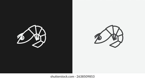  Shrimp or Prawn on Black and White Backgrounds, Representing Seafood or Food, White Outline Icon