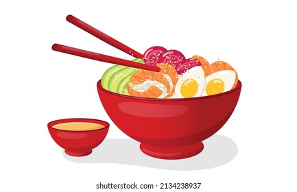 Shrimp prawn poke bowl illustration Hawaiian cuisine. Vector stock illustration isolated on white background for menu fast food restaurant with healthy, bio, organic meals. EPS10