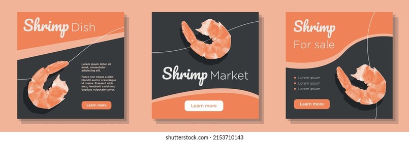 Shrimp prawn for sale social media post, banner set, peeled shrimps seafood market advertisement concept, fish restaurant menu marketing square ad, abstract print, isolated on background.