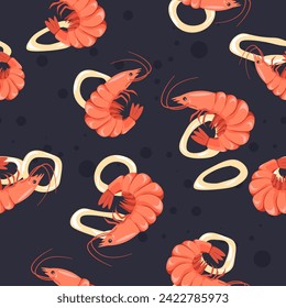 Shrimp or prawn with squid ring, seafood for nourishment and healthy balanced dieting. Fresh marine crustacean from ocean or sea. Seamless patten, background print or wallpaper. Vector in flat style