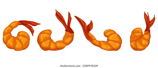 Shrimp prawn vector icon set. Fried shrimp illustration on white background. Delicious isolated shrimps without shell, shrimp meat. Group of objects for print, sticker, logotype