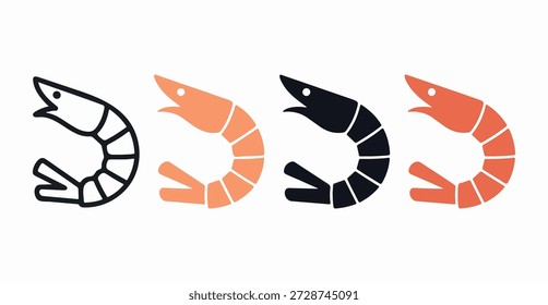 Shrimp and Prawn Vector Icon Set – Outline, Silhouette, and Color Flat Styles for Seafood Restaurant Menus and Culinary Branding