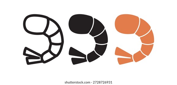 Conjunto de ícones vetoriais de camarão e camarão – Contorno, silhueta e estilos de cores planas para design de frutos do mar