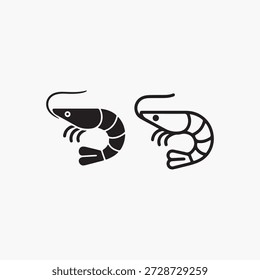 Conjunto de ícones vetoriais de camarão e camarão – Estilos de silhueta e esboço para design de frutos do mar e menus de restaurantes